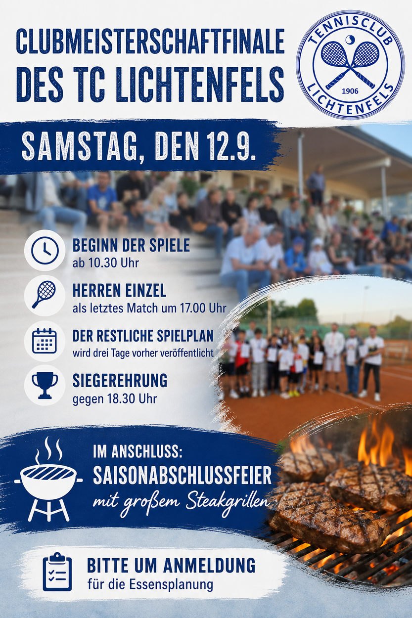 Clubmeisterschaftsfinale am 12.9. mit Saisonabschlussfeier